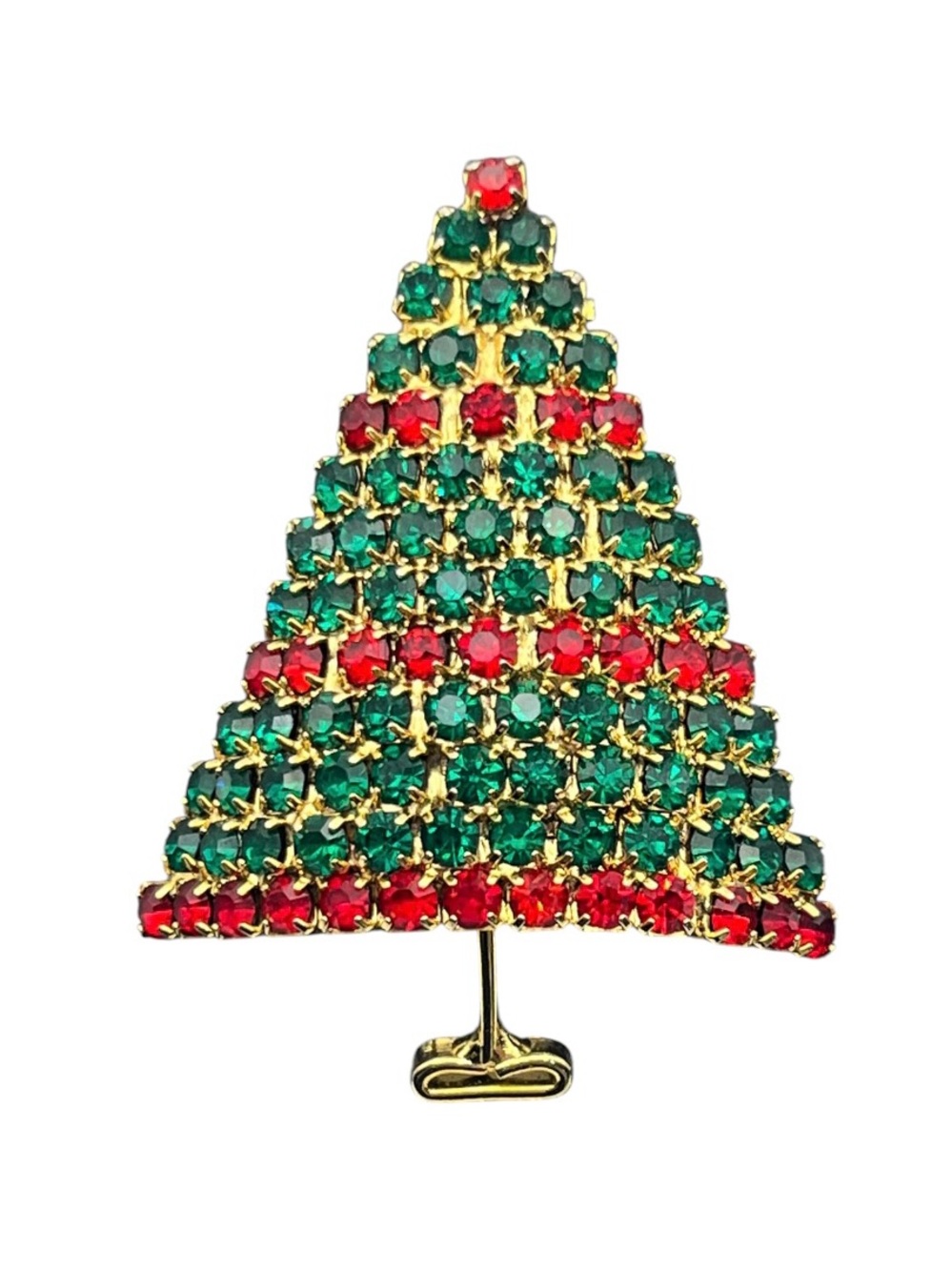 Red & green rhinestone gold tone Christmas tree holiday brooch pin vintage